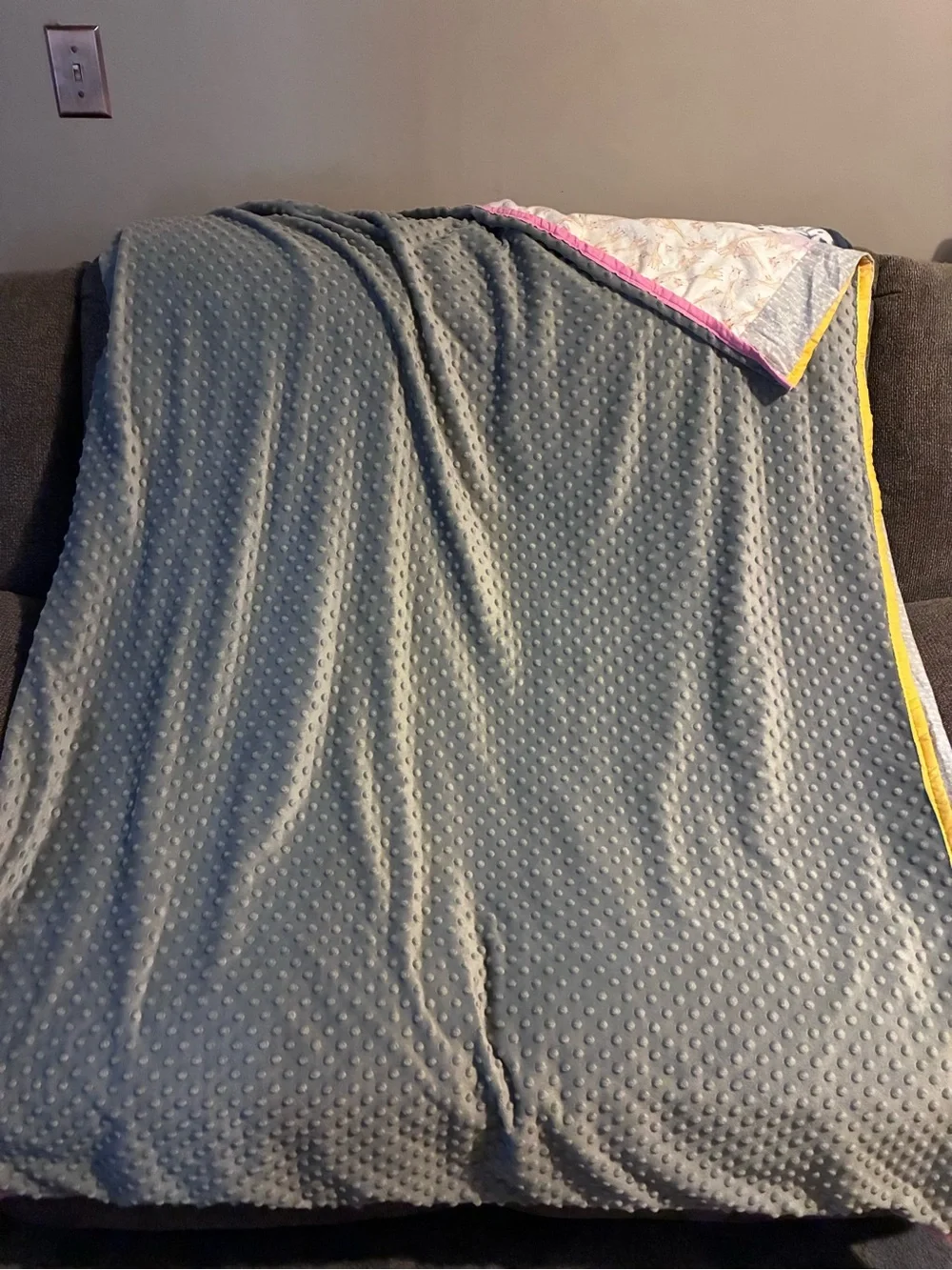 Pastel Patchwork Baby Quilt in Pink, Gray, Cream with Yellow Trim